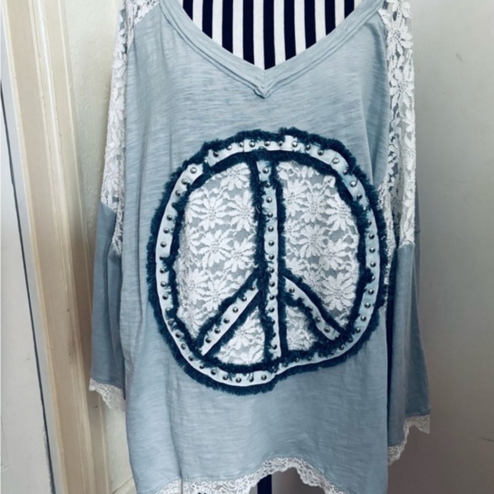 Boho Patchwork Cotton Lace Peace Sign Women's Trend Tunic Plus Sz 3X